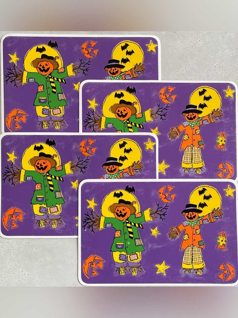 90s Vintage Set of 4 Vinyl Happy Halloween Scarecrow Placemats Jack-o-lanterns